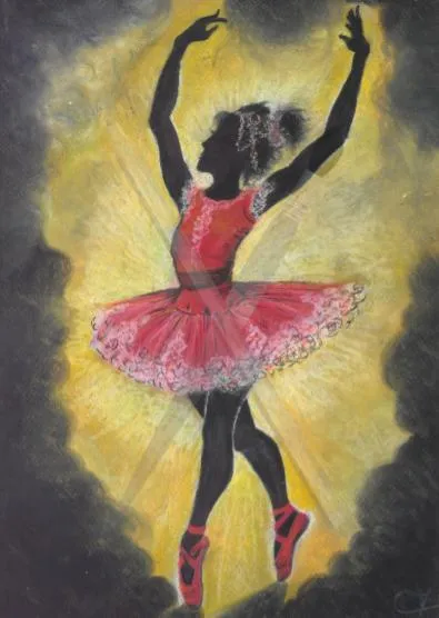 The Silhouette, an oil pastel of a ballerina in a red dress dancing against a glowing yellow background