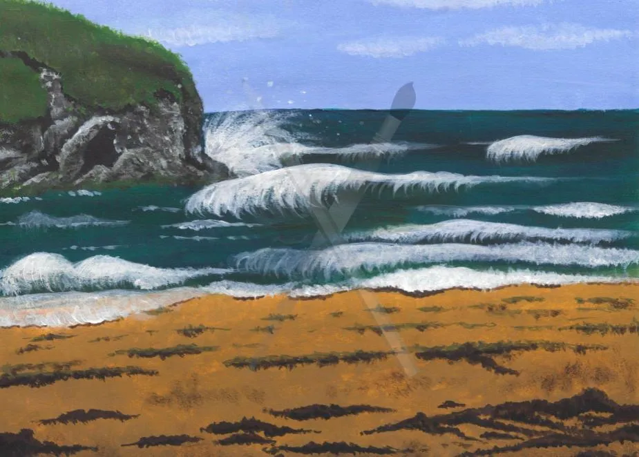 Mawgan Porth, a coastal painting of waves breaking onto a sandy beach beside a rocky headland