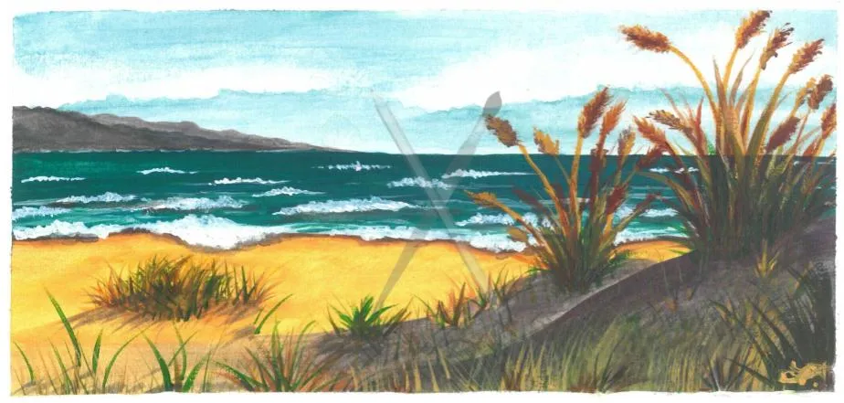 Life’s A Beach, a watercolour beach scene viewed through grasses toward turquoise waves