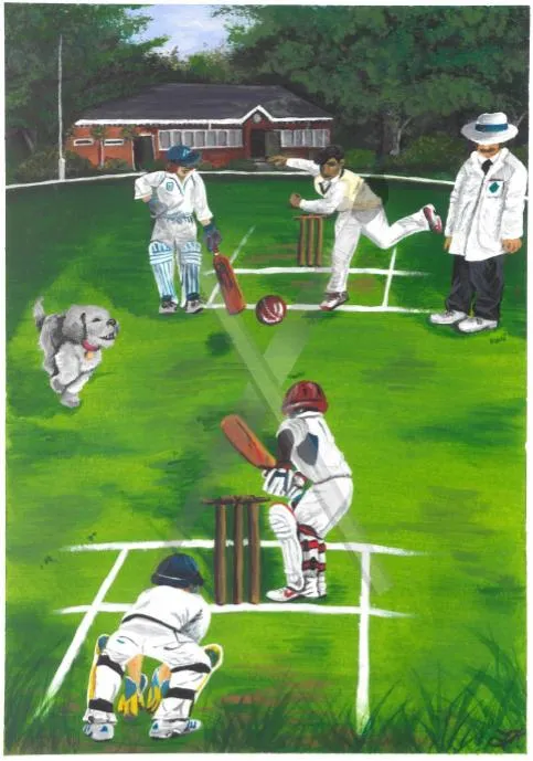 Bowled Over, a colourful cricket scene with players and a dog on the pitch