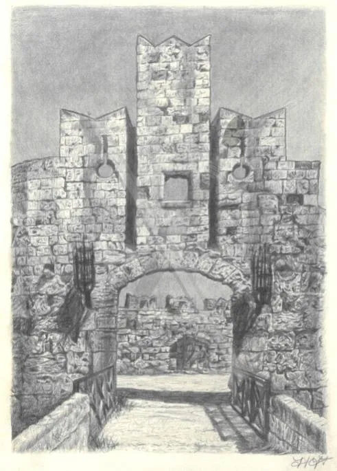 Entrance of the Knights, a detailed pencil view through a stone entrance in Rhodes Old Town