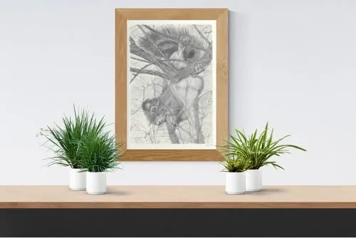 Hangin’ Out presented in a wooden frame above a shelf