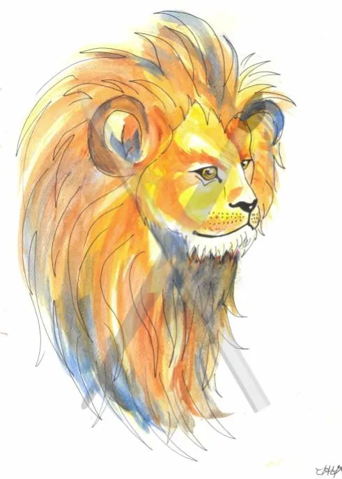 The King, a colourful portrait study of a lion with a flowing mane