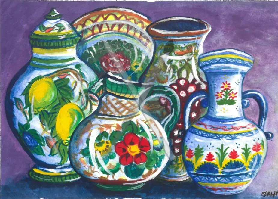 Mediterranean Pottery 1, a colourful still life of patterned pottery arranged together