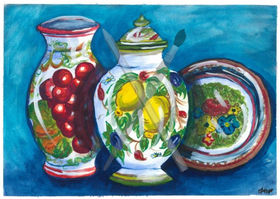 Mediterranean Pottery 2, a colourful still life of three patterned pottery pieces
