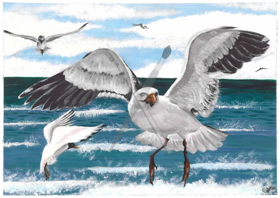 The Swarm, a painting of seagulls in flight above breaking sea waves