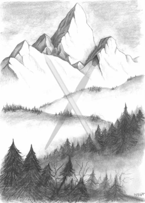 Snowy Summits, a pencil landscape of snow-covered mountain peaks above a forest